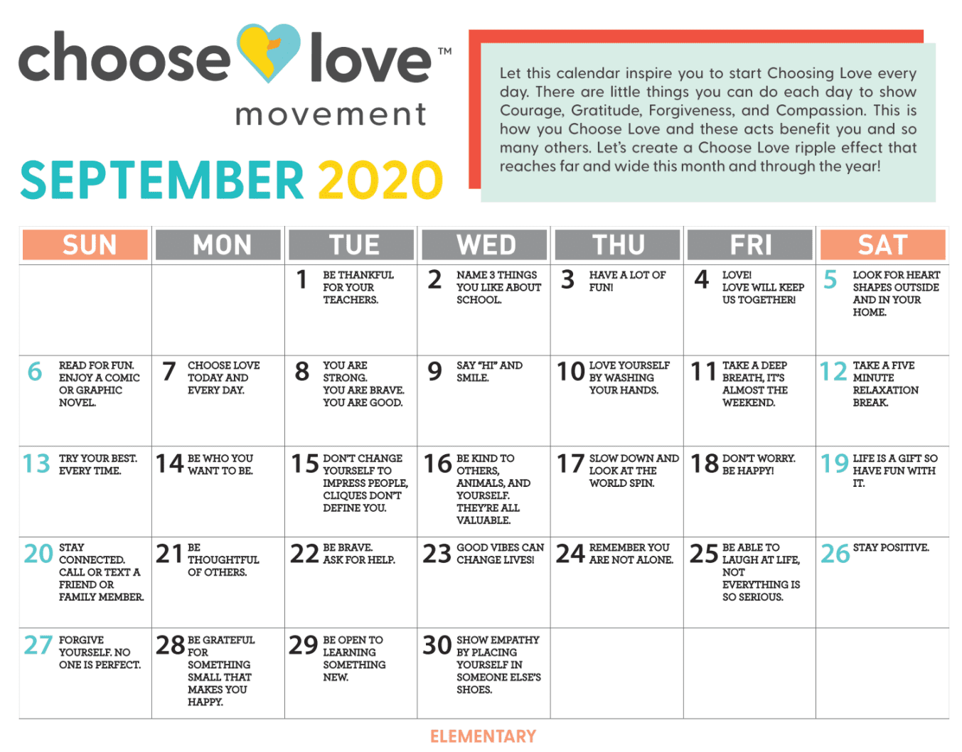30 Days of Choosing Love Elementary SEL September 2020